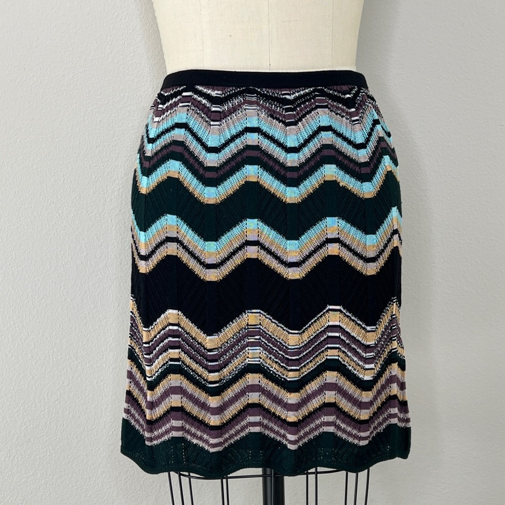 M Missoni Black Zig Zag Black Green Knit Pencil Skirt, 42